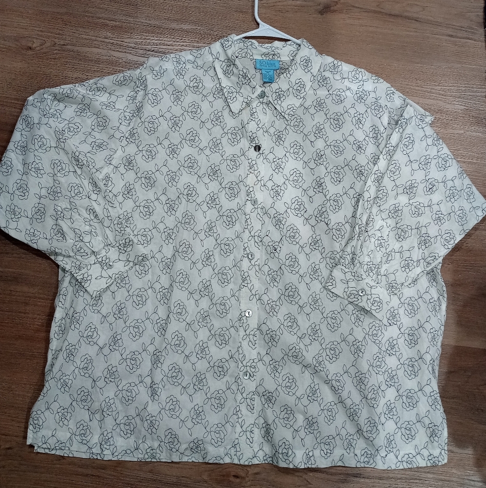 Sigrid Olsen Women's White Black Embroid Floral Button Down Shirt Cottage Core